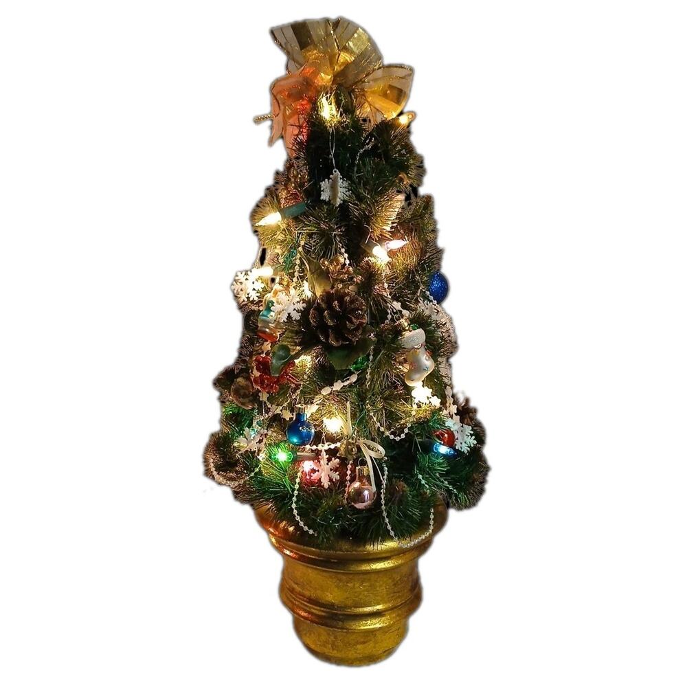 Whimsical Victorian Mini‎ CHRISTMAS TREE 19” Tabletop Lights Ornaments Gold Pot